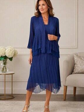 Lily & Taylor Elizeh Blue Chiffon Pleated 2 Piece Dress Set Elegant Church Weddi